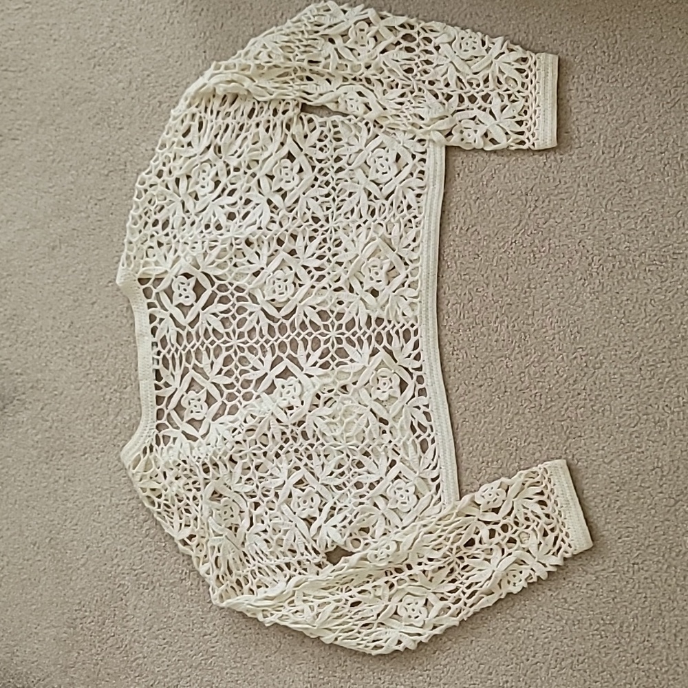 Vtg 90s Contempo White Cropped Crochet Cardigan Sweater Coquette Cottagecore - Picture 6 of 7